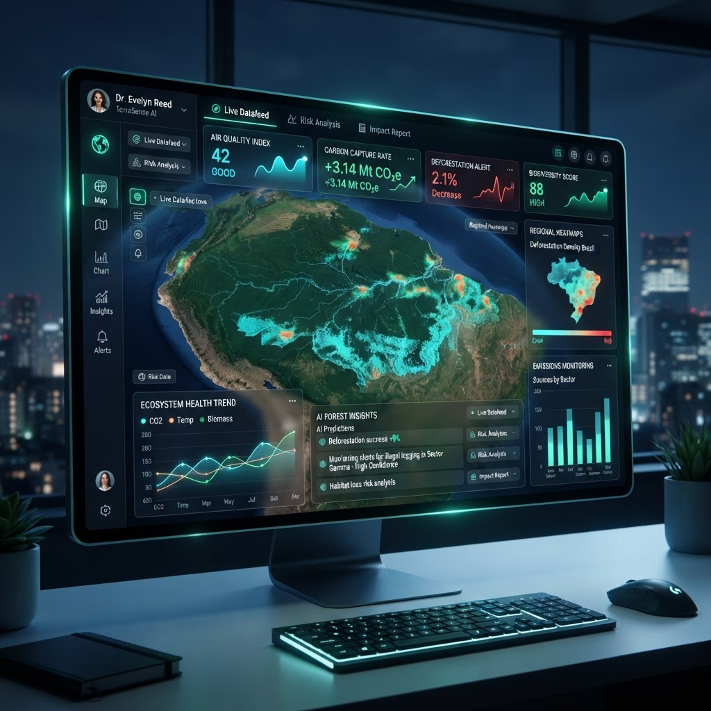 Nature AI environmental intelligence dashboard with satellite maps, charts, and KPIs